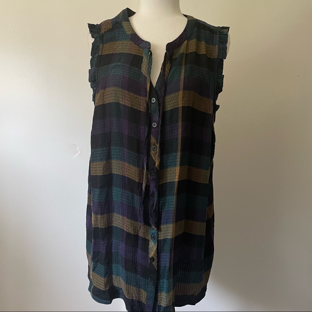 Multi Plaid Crinkle Flannel Gauze Ruffle Tank